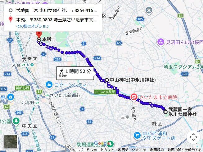 武蔵一宮 氷川神社・中氷川神社・氷川女体神社の地図上の配置